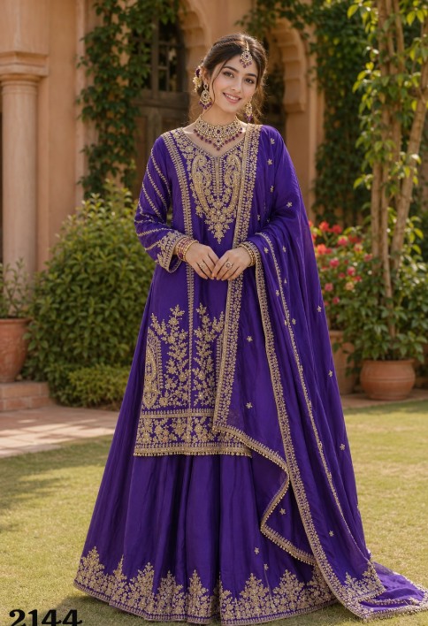 Embroidered and Thread Work Chinon Readymade Salwar Suit In Purple for Ceremonial